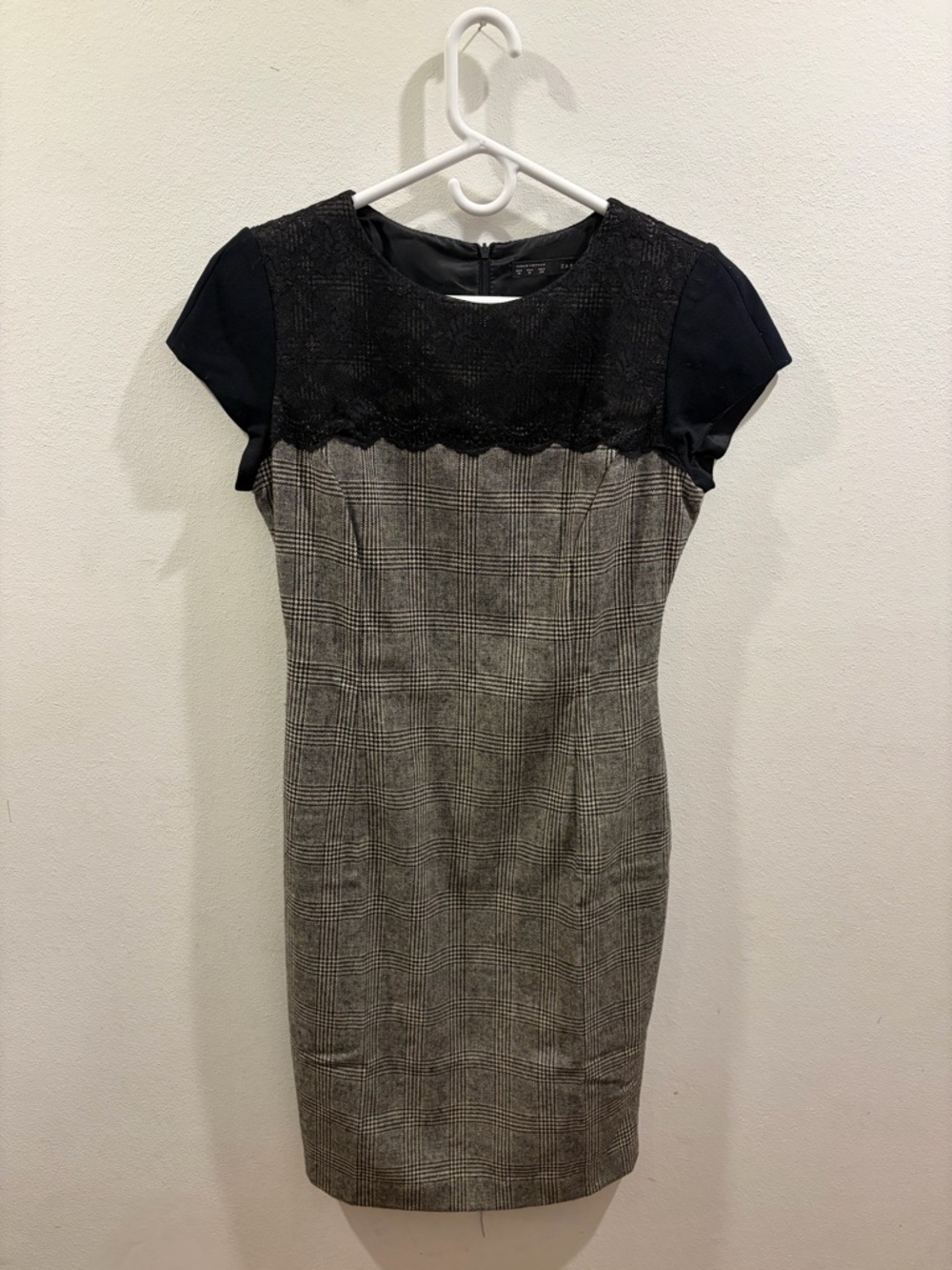 Zara Black Lace Yoke Gray Plaid Midi Dress